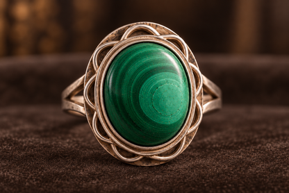 Inel din argint cu malachit, diametru interior 18,8 mm