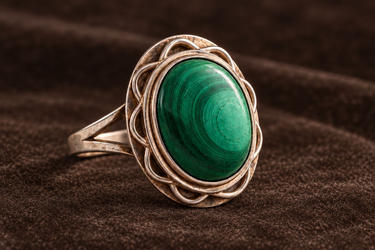 Inel din argint cu malachit, diametru interior 18,8 mm