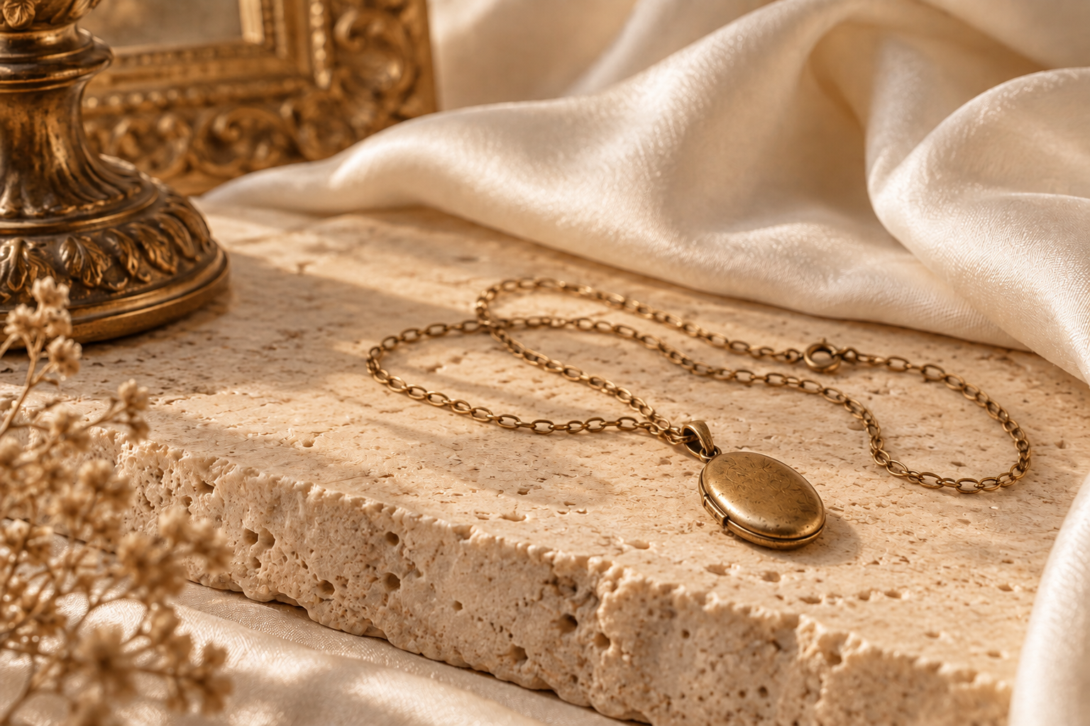 Composizione decorativa con medaglione vintage e catena su pietra