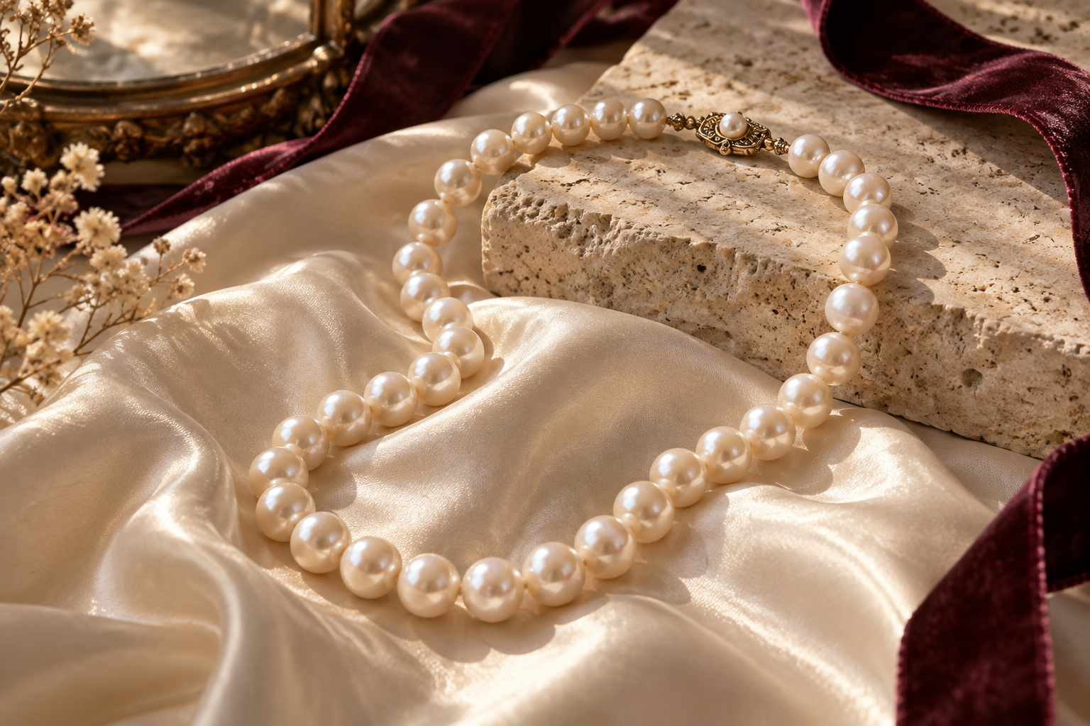 Composizione decorativa di perle su raso